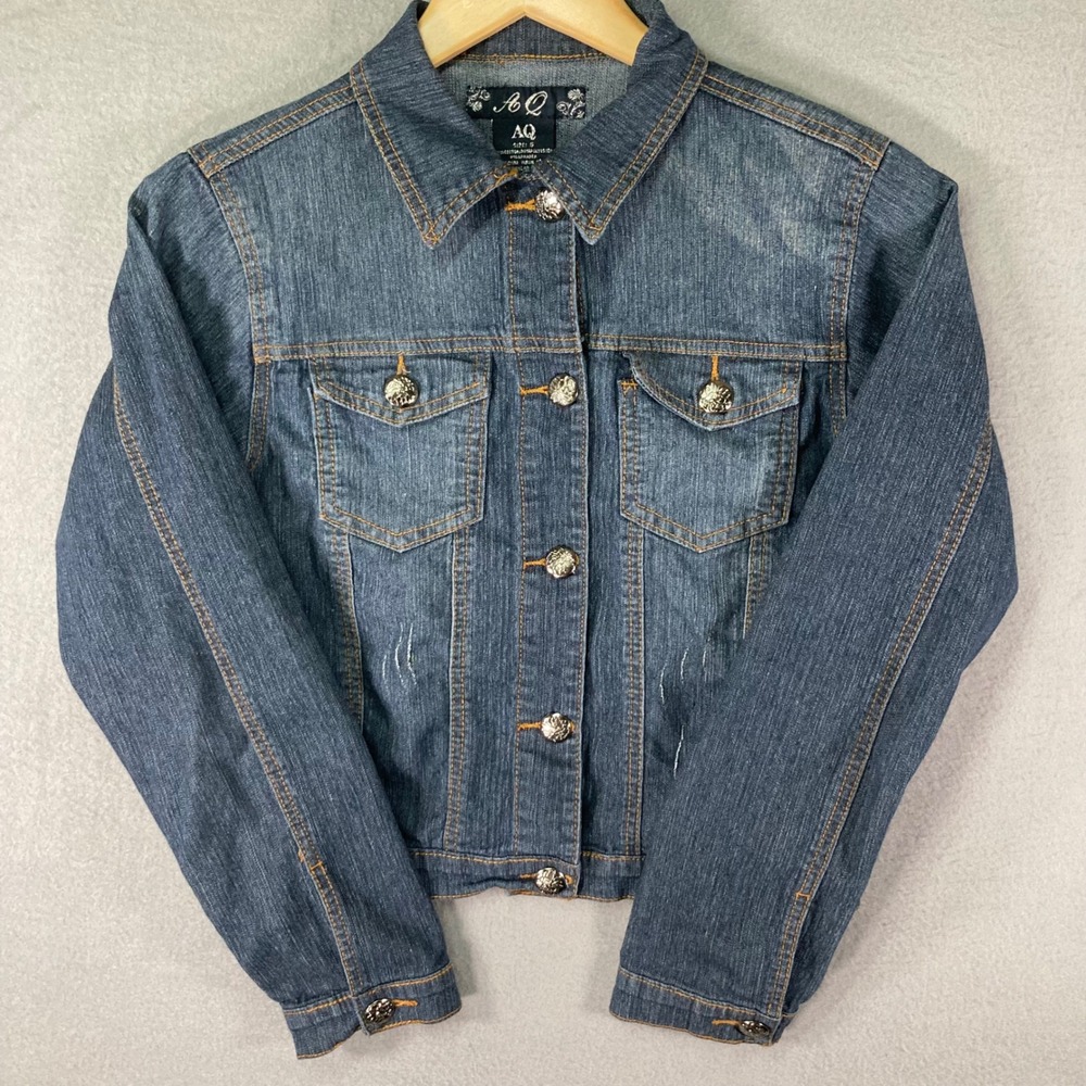 AQ Denim Jean Jacket Womens Size S Embellished Button Up Blue Cotton Blend VTG